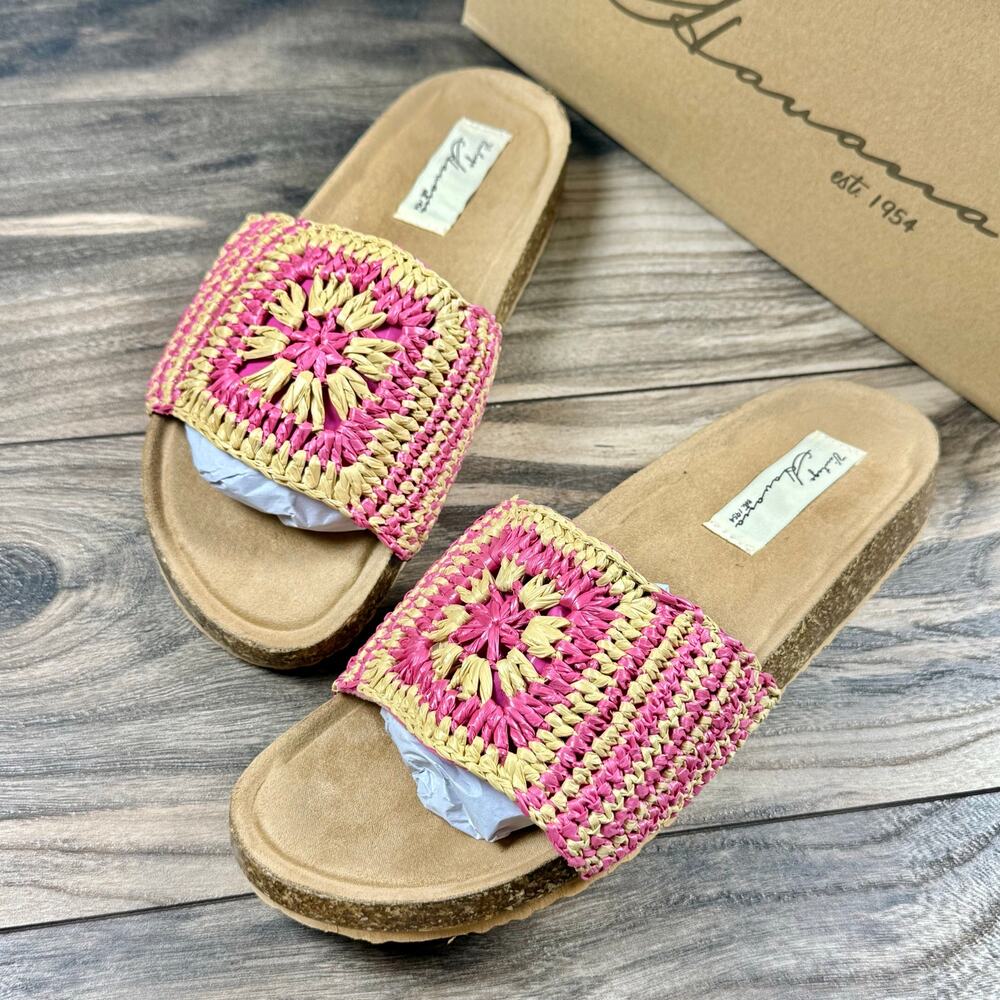 NIB VINTAGE HAVANA Mimi Crochet Slide Sandals Natural/Pink 7.5M